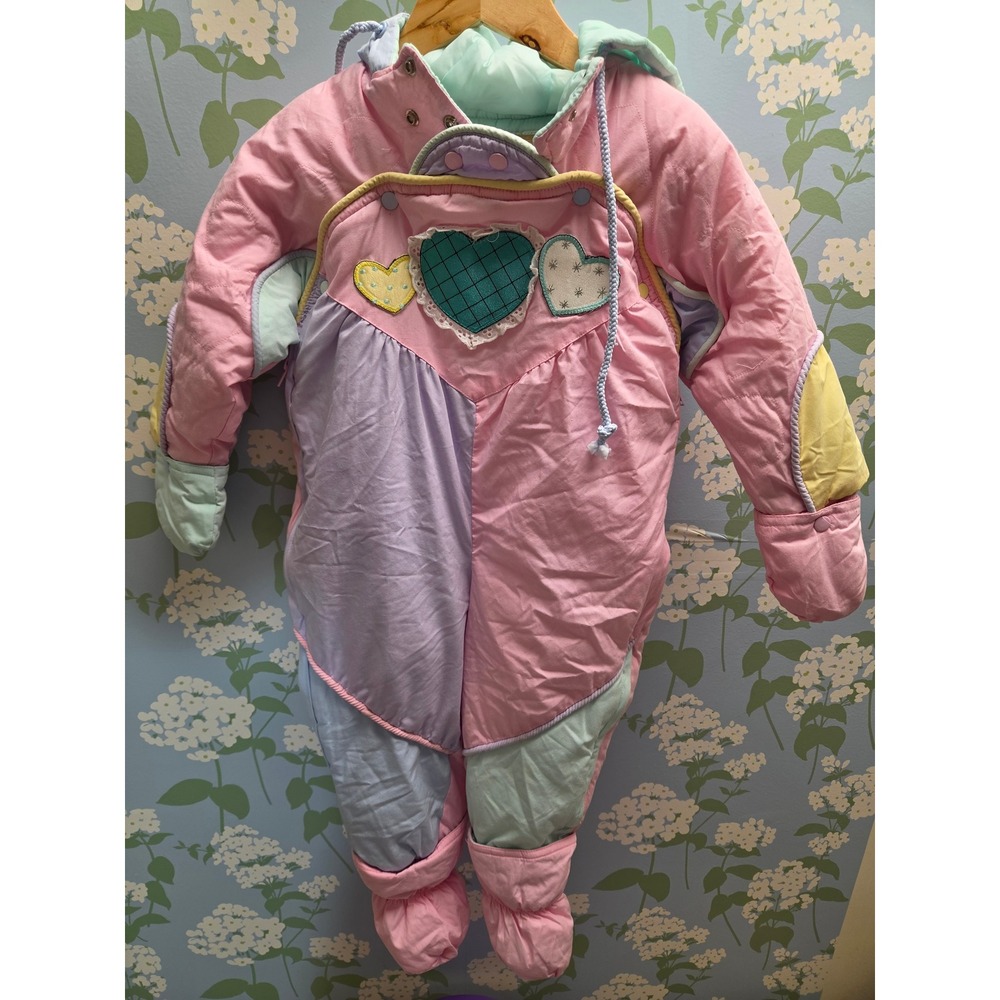 Vintage Arctic Racer Pastel Colorblock Heart Snowsuit Bunting Pink 24M - Picture 1 of 4